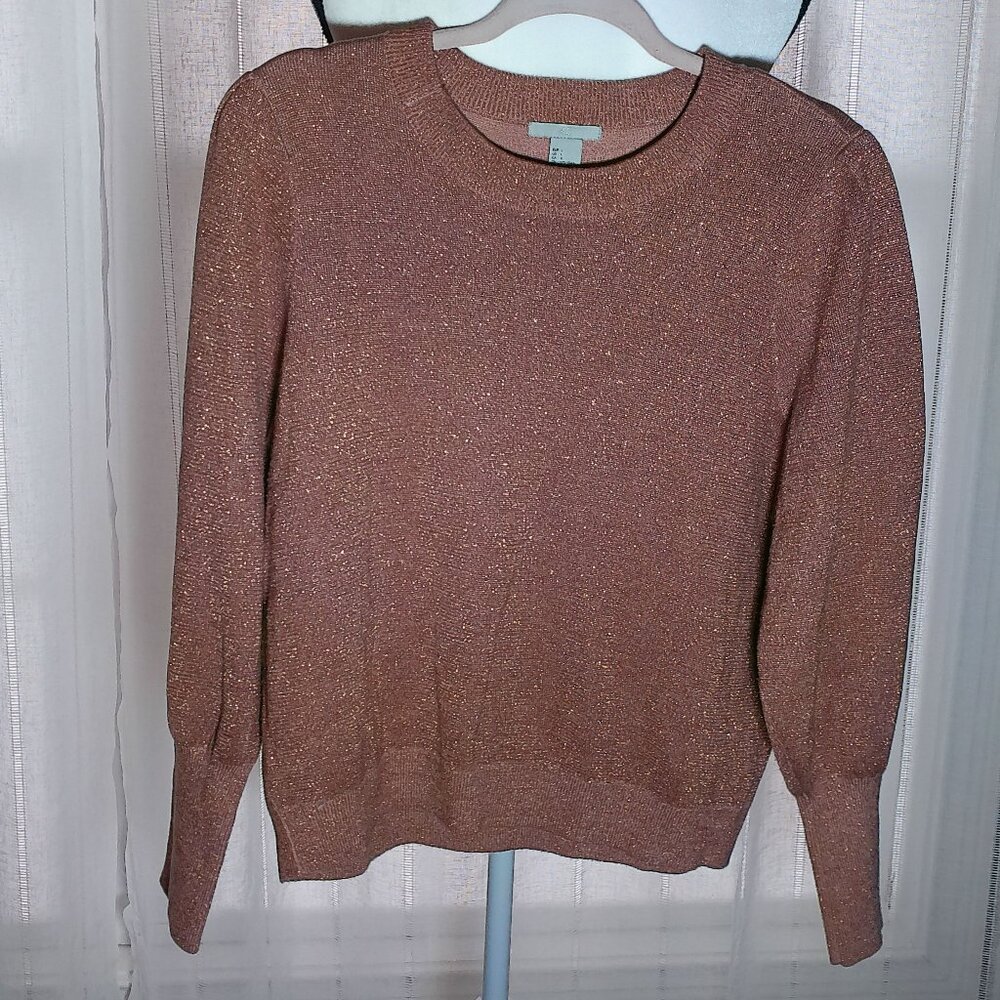 H&M Crew Neck Long Puffy Sleeve Shimmer Knit Pink Sweater L